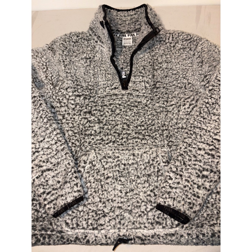 Victoria's Secret PINK Sherpa Pullover Quarter Zip Gray Black Fleece‎ Sweater S